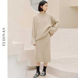 Yedinas Solid Knitted Two Piece Women Sets Skirt Office Ladies Warm Jumpers 2 Womens Outfits Winter Loose Sweater 210527