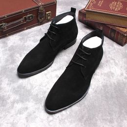 Men Chelsea Boots Shoes With Elastic Band Suede Men's Boots Genuine Leather Black Lace Up Pointed Toe Fashion Business Men Boots