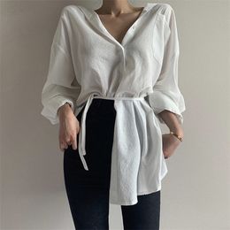 Women's Long-sleeved Shirt Spring Summer Solid Sashes Irregular Slim Sexy Shirts Woman Tee Female Tops Blouse PL044 210506