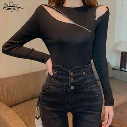 Autumn Sexy Hollow Out Thin Bottoming Long Sleeve Shirt Women Fashion Zipper Design Slimming Blouse Blusas Mujer 12206 210521