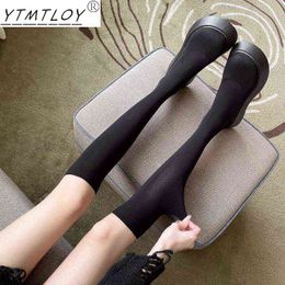 Women's Elastic Stockings Botas Long Tight Boots Thick-soled Ladies Over The Knee High Boots Striptease Winter Warm Shoes H1115