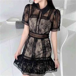 Sexy Mesh Mini Dress Women Elegant Ladies Turn-Down Collar Shirt Party Summer Short Sleeve es 210603