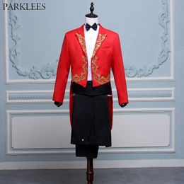 Mens Gold Embroidery 4 pcs Red Tuxedo Suit (Jacket+Pants+Blet+Tie) Brand Conductor Magician Pianist Prom Tailcoat Suit Men Terno 210522