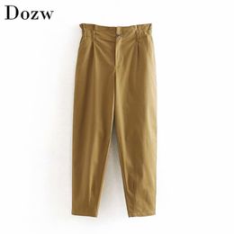 Women Khaki Cotton Paperbag Pants Fashion Streetwear Pockets Pleated Waist Trousers Ladies Casual Long Pants Pantalon 210414