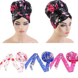 India Muslim Women Hijab Cap Satin Printed Bonnet Hair Loss Head Wrap Cover Beanie Long Tail Turban Hat Bandana Amira Underscarf