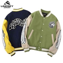 LINDSEY SEADER Men Bomber Jacket Fleece Cotton Baseball Jackets Buttons Windbreaker Embroidery Letters Male Outwear Jacket 210818