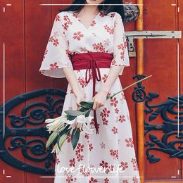 Retro Chiffon Dress Summer Women High Waist Chinese Style Bow Half Sleeve Mid-Calf Dress Floral Print Fashion Clothing 210521