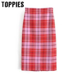 Women Red Plaid Midi Skirt Slim Sexy Skirts Faldas Mujer Vintage OL Elegant Chic Mid Calf 210421