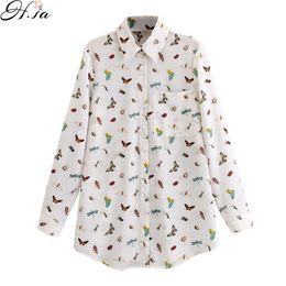 Birds Print Shirts 35% Cotton Female Tops Fashion Spring Summer Loose Casual Ladies Shirt Butterfly White 210430