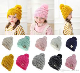 Cute Baby Knitted Hats Girls Winter Soft Pompon Cap Boys Warm Candy Colour Crochet Beanies Hat Kids Party caps DA059