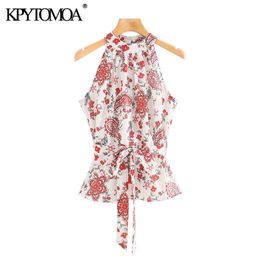 Women Fashion With Belt Paisley Print Blouses Sleeveless Back Zipper Halter Female Shirts Blusas Chic Tops 210420