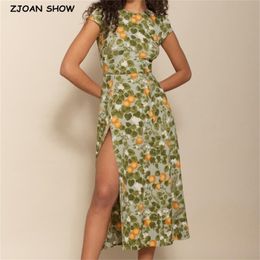 Summer Retro Short Sleeve Leaves Floral Print Backless Dress for Woman Hollow Out Back Hem Slit Midi Dresses Holiday 210429