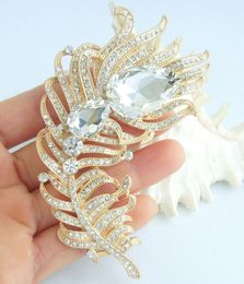 4.33" Peacock Feather Brooch Pin Pendant Clear Rhinestone Crystal EE05038C13