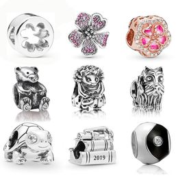 Memnon Jewelry 925 Sterling Spakling Peach Blossom Flower Charm Clover Cut Out Charms Bright-Eyed Turtle Beads Cap, Book & Scroll Bead Fit Pandora Style Bracelets Diy
