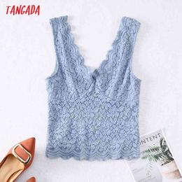 Summer Sexy V Neck Women Floral Blue Lace Tank Top Sleeveless Backless Female Tops CE242 210416