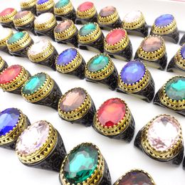 Wholesale 50PCs/Lot Mix Styles Vintage Womens Rings Black Plated Gold Side Glass Stone Mens Fashion Jewelry Party Gifts