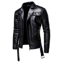 2020 New Men's Oblique Zipper and Lapel PU Leather Jacket Youth Fashion Casual Fashion Motorcycle Leather Jacket X0621