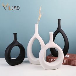 VILEAD Ceramic Hollow Out Flower Vase Figurines Nordic Modern Planter Pots Living Room Desktop Interior Decorative Decorations 211215