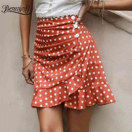 Side Button Detail Ruffle Hem Polka Dot Skirts Women Summer Elegant OL Female High Waist Mini Skirt Y2k 210510