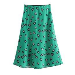 Retro High Waist Green Flower Print Satin Skirt like Silk Summer Women Elastic Mid Long A-line Skirts Femme 210429