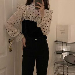 Women Chic Shirts Retro French Gentle Velvet Patchwork Long Sleeves Stand Collar Elegance Blouse Female Top 210525