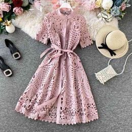 Women Elegant Hollow Out Lace Dress Office Lady Summer Solid O-Neck Button up Sashes Midi Female Chic Short Sleeve 210623