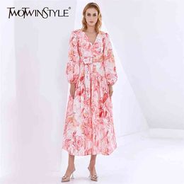 Elegant Printed Sashes Female Dress V Neck Long Sleeve High Waist Pink For Women Autumn Fashion 210520