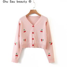 Sweet Cute Kawaii Pink Cherry Embroidery Women Autumn Knitted Cardigan Tops Chic V-neck Single-breasted Sweaters 210514