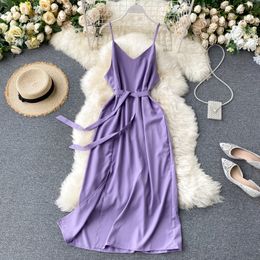 Holiday Style Sexy V-neck Slit long Dress Women's Summer elegant Plain Lace-up Waist Office Lady vestidos de fiesta 210420