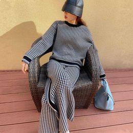Houndstooth Knitted Matching Sets for Women Oversized O-Neck Pullover Sweaters Loose Wide Leg Pants Women Sets Autumn Winter Y0625