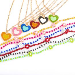 2pcs/set Love Heart Pendant Necklace Boho Little Daisy Flower Beaded Clavicle Necklace for Women Bohemia Jewelry