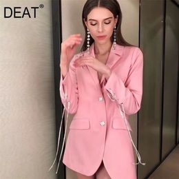 DEAT Notched Collar Pink Color Full Sleeves Single Breasted Spliced Metal Buttons High Waist Blazer Female Top WP95111L 211122