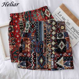 HELIAR Women Boho Skirt Embroidery A-Line Mini Skirts Chic Geometry Pattern Woolen Wide Leg Vintage Bohemian Folk Skirts Women 210401