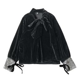 Women Solid Runway Violet Black Velvet Sequined Stand Collar Lace Up Bow Long Sleeve Shirt Blouse B0452 210514