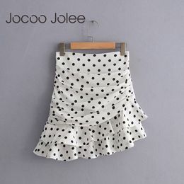 Chic Polka Dot Print Ruched Asymmetrical Mini Skirt Women Elegant High Waist Ruffled Irregular Hem Design Bodycon 210428