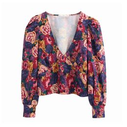Stylish sexy chic floral print crop top V neck three quarter sleeve short blouse retro female casual shirts tops blusas 210430