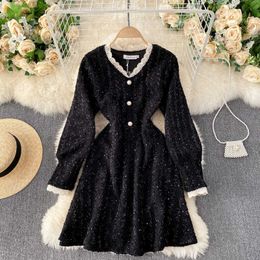 LY VAREY LIN Spring Autumn Women A Line V Neck Puff Sleeve High Waist Dress Casual Solid Slim Single Breasted 210526