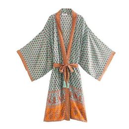 Fitshinling Oversized Beach Kimono With Sashes Bohemian Vintage Slim Sexy Long Cardigan Women Big Sleeve Fringe Cotton Cover-Up 210722
