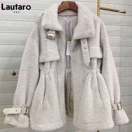 Lautaro Winter Soft Warm Thick Faux Fur Coat Women Drop Shoulder Long Sleeve Zipper Drawstring Fluffy Jacket Korean Fashion 211130