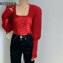Ezgaga Christmas Sweater Jumper Women Vintage Square Collar Slim Base Outwear Ladies Knit Tops Sexy Ladies Elegant Pullover 210430