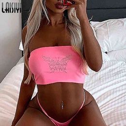LAISIYI 2020 Hot Butterfly Print Seqruined Sexy Crop Tube Tops Summer New Women Fashion Streetwear Club Outfits Tank Top X0507