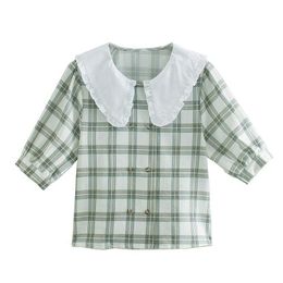 Women Plaid Shirt Spring Fashion White Collar Double Breasted Modern Lady Short Sleeve Blouse 210602