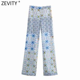 Zevity Women Vintage Floral Print Patchwork Casual Wide Leg Pants Female Chic Elastic Waist Pockets Summer Long Trousers P1123 211124