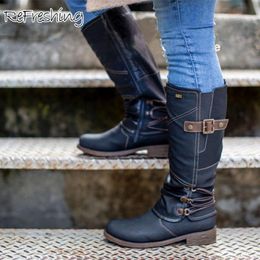 Boots Vintage Women Winter Buckle Round Toe Long PU Leather Ladies Zipper Low Heel Riding Drop Female Cotton Shoes