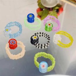 2021 Summer Colourful Glaze Cute Small Flower Ring For Women Ins Net Red Style Rice Beads Handmade Elastic Rings Party Jewellery