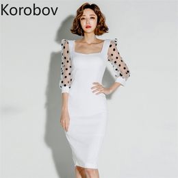 Korobov Summer New Arribal Polka Dot Mesh Patchwork Short Sleeve Dress Korean Elegant Slim Knitted Dresses OL Vestidos Mujer 210430