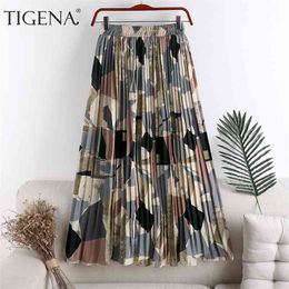 TIGENA Vintage Long Pleated Skirt Women Summer Holiday Beautiful Colourful Print Chiffon High Waist Maxi Skirt Female 210412