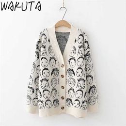 WAKUTA Funny Cartoon V Neck Cardigan Female Knitwear Japanese Fall Winter Casual Loose Knit Jacket Sweater for Women 211011