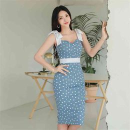 Blue Dot Tight Dress korean ladies Summer Lace Sleeveless Sexy Nightclub Party sheath Dresses for women clothing 210602