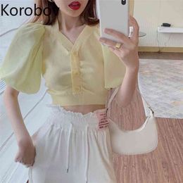 Korobov New Summer Thin Knitted Women Cardigans Korean Solid V Neck Puff Sleeve Sweaters Vintage Sweet Crop Top 210430